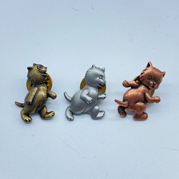 Set Of 3 Vintage Cat Lapel Pins Bronze Silver Gold Tones Secure Backings Retro - Picture 2 of 8